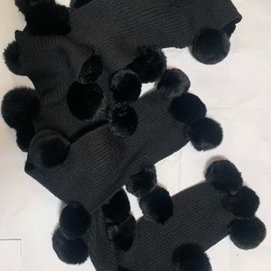 Jocelyn Black Scarf Wool Knit Rabbit Fur Pom Pom